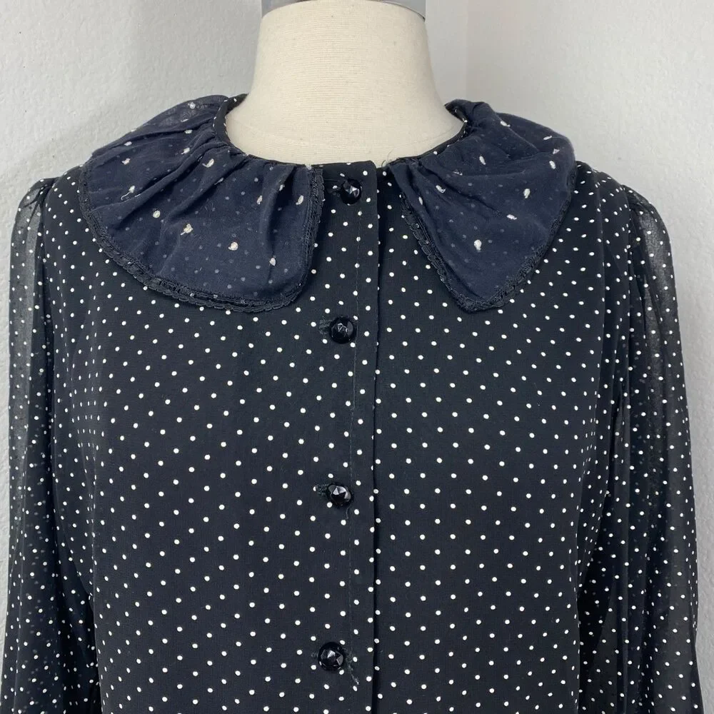 Vtg Black White Embroidered Dress XL Polka Dots Button Front Long Sleeves Boho